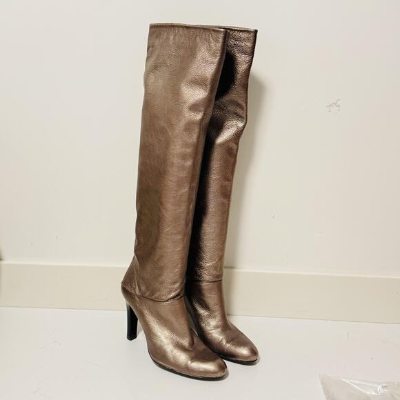Stuart Weitzman Boots Womens 8 Brown Gold Metallic Leather Knee High Heel - Picture 2 of 13
